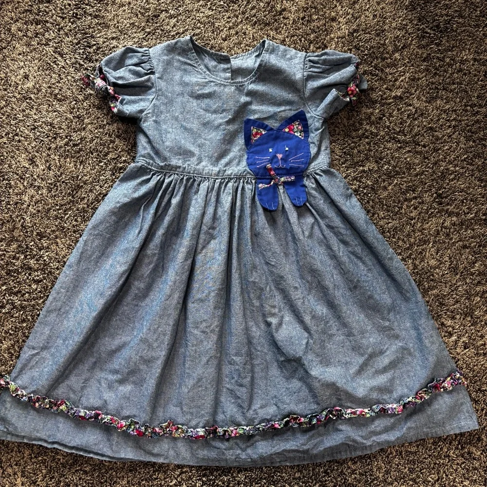 Handmade Girls Denim Blue Cat Dress Size 5/6 Floral Bow Puff Sleeves